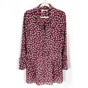 Derek Lam Cat Print Dress *READ Burgundy Collared Mini Pleated‎ Long Sleeve Sz 2